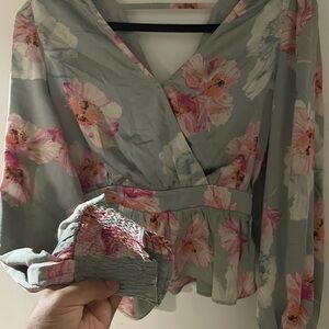Express Floral Wrap Blouse - Pink and Gray